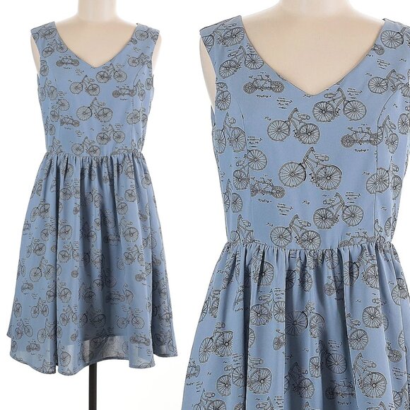 FINAL OFFER Tulip B Blue Bicycle Print Fit Flare Dress - Picture 1 of 6